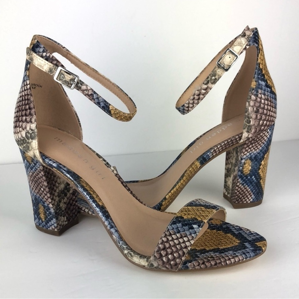 Madden Girl Beella multicolor snake print block heel sandals coquette womens 6.5